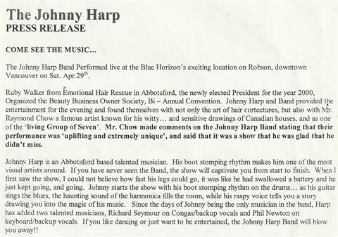 The Johnny Harp Press Release